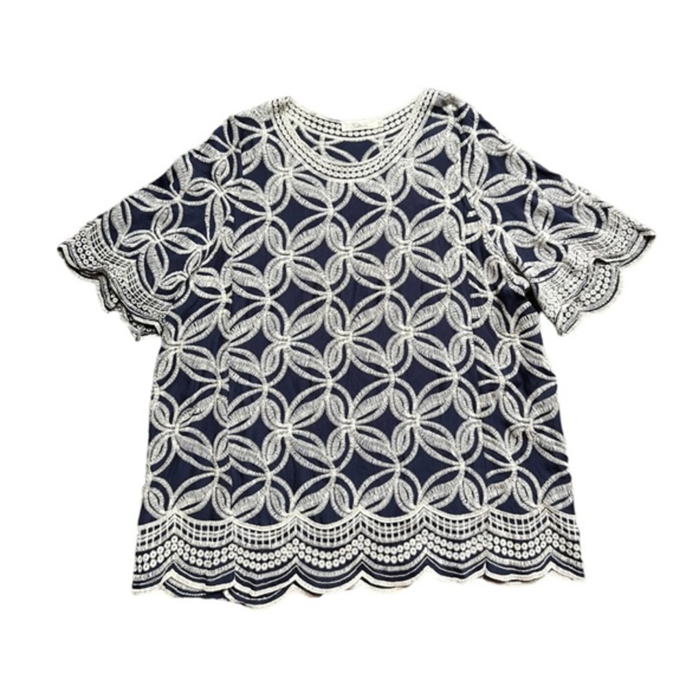 Solitaire Navy and White Embroidered Short Sleeve Blouse